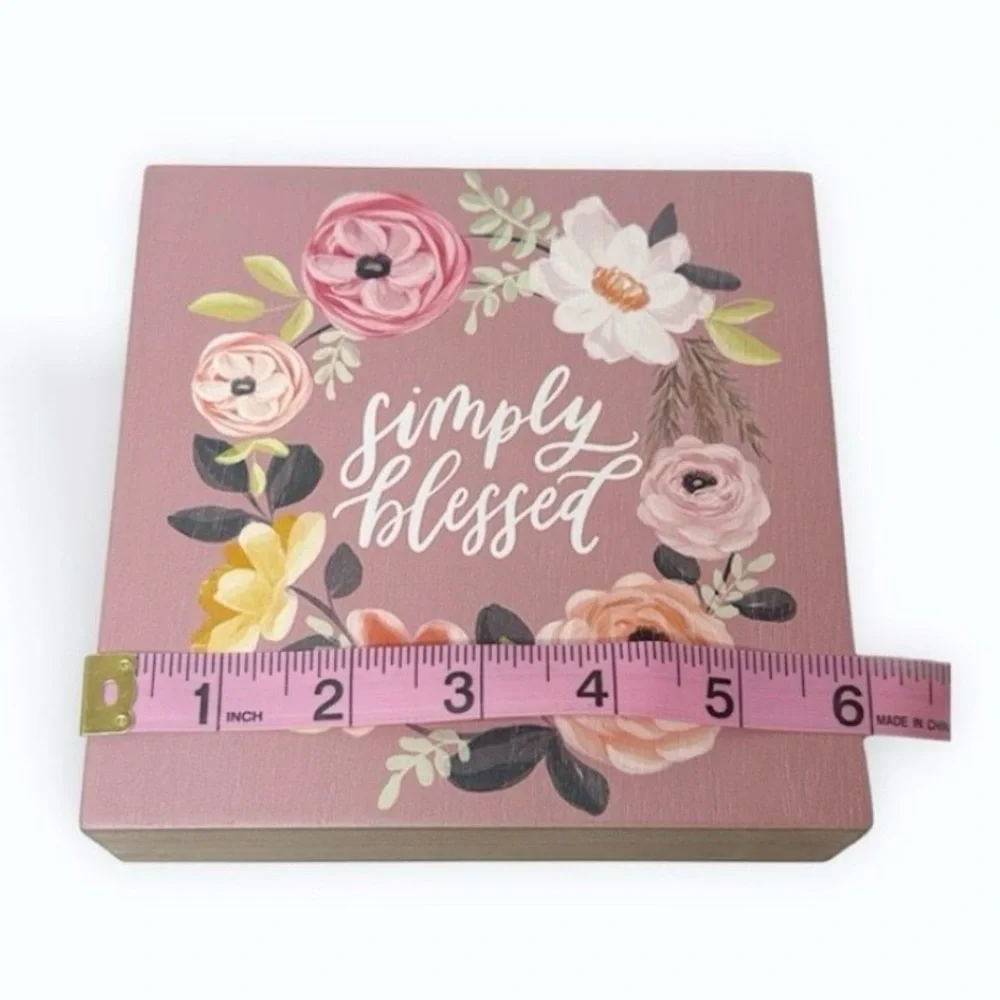 SIMPLY BLESSED Floral 6in x 6in Wooden Decor Sign